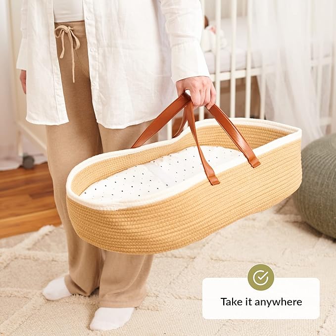 Moses Basket for Babies with Muslin Blanket | Changing Basket for Baby Dresser | Portable Basket for Your Baby’s Needs | Baby Changing Basket with Pad | Woven Basket for Travel & Nursery