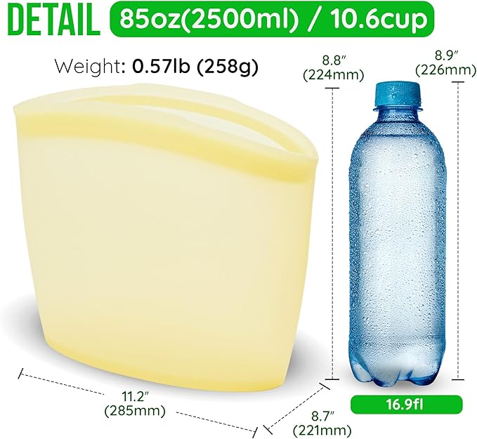 Reusable Silicone Family Size Bag, 10 Cups, XL Food Storage Container, Made in Korea BPA-Free Platinum Silicone, Freezer Bag, Microwave Safe, Sous Vide, Bulk Veggies, 85oz, Yellow