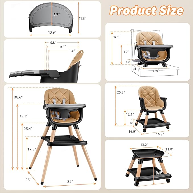 Babyliebe Baby High Chair, 8 in 1 Convertible Wooden High Chair for Babies and Toddlers, Converts to Booster Seat, Toddler Chair & Stool, with Removable Double Tray, Adjustable Legs & Footrest (Brown)
