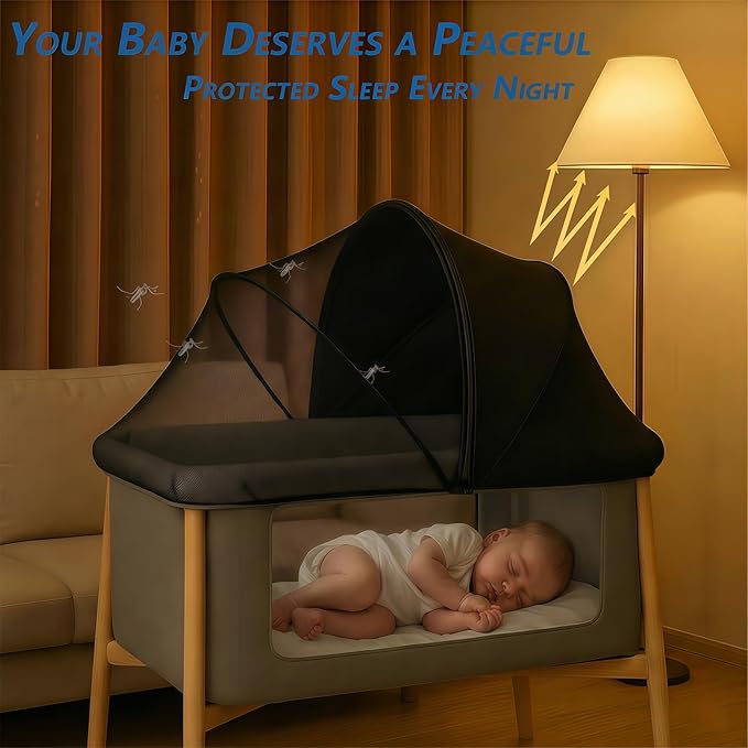 Portable Bassinet Cover for Cats & 2-Way Zipper, Half-Blackout Mosquito Net with Sunshade, Breathable Bassinet Net Cover, Mosquito Net for Baby Crib to Keep Cats Out (Black)