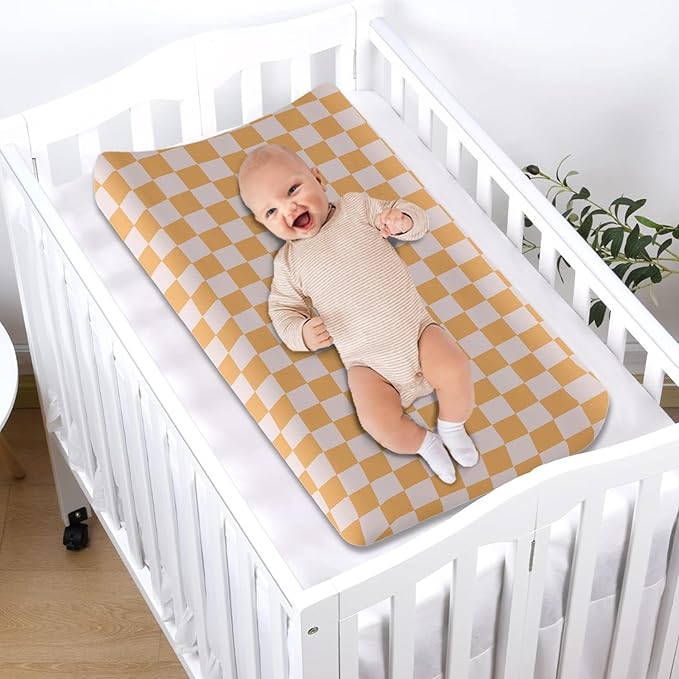 Orange Checkered Changing Pad Cover for Baby Girls Boys Cartoon Breathable Diaper Change Table Sheet Soft Stretchy Cute Change Table Mat Cover Fit 32x16