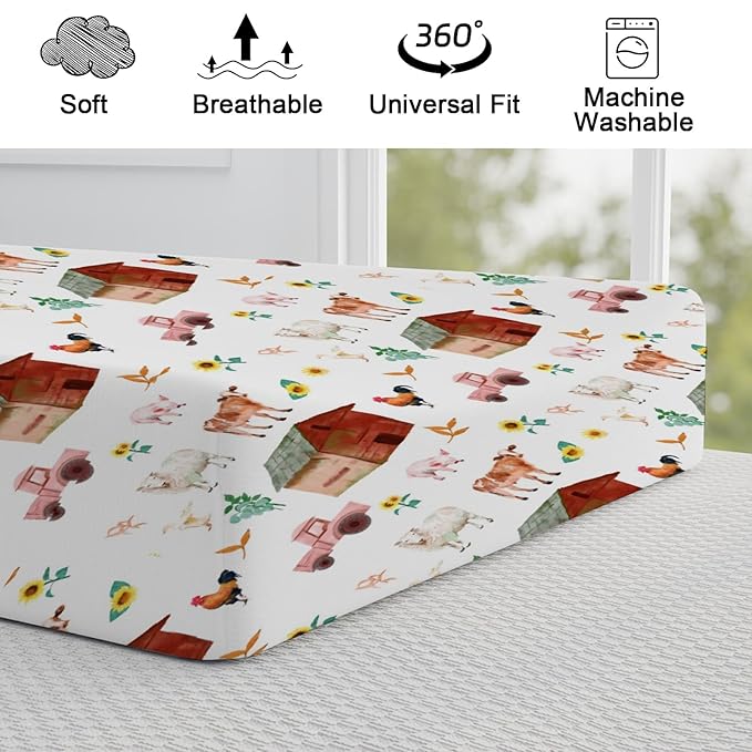Watercolor Farm Animals Changing Pad Cover Barn Cow Lamb Chicken Pig Hen Duck Tractor Diaper Change Table Cover Sheets for Boys Girls Soft Stretchy Fitted Changing Mat Sheets 32''x16''