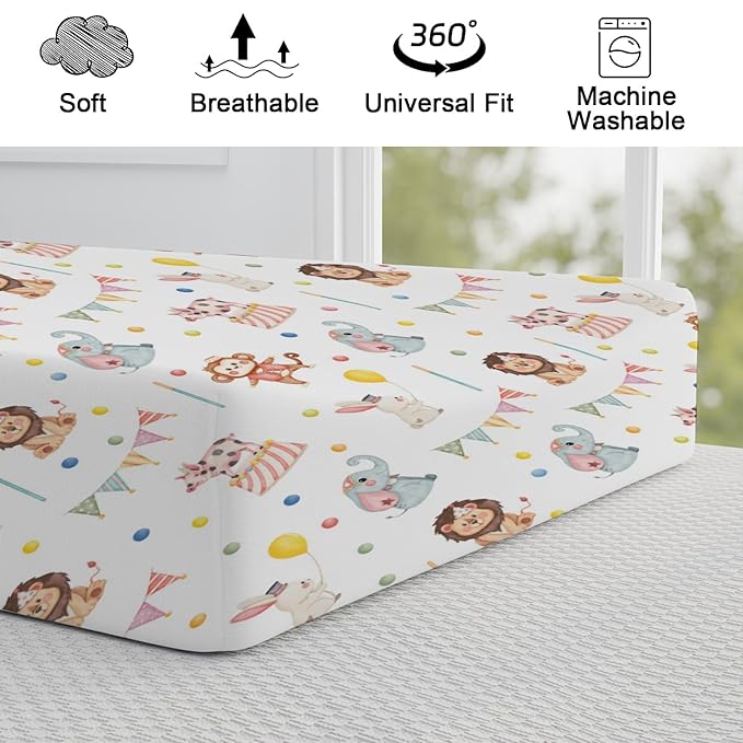 Watercolor Circus Animals Changing Pad Covers Cute Monkey Elephant Rabbit Pig Unisex Diaper Change Table Sheets for Boys Girls Soft Breathable Stretch Changing Mat Sheets Cover 32''x16''