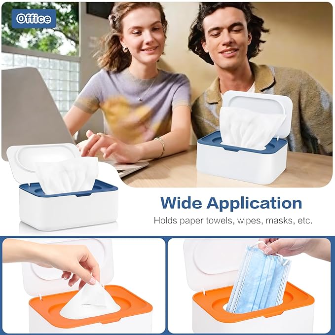 2Pcs Wipe Dispenser, Reusable Baby Wipe Holder Refillable Wipes Container, Easy Open & Close Wipes Pouch Case with Lid for Bathroom Baby Nursery Kitchen Office Travel (Blue/Orange)