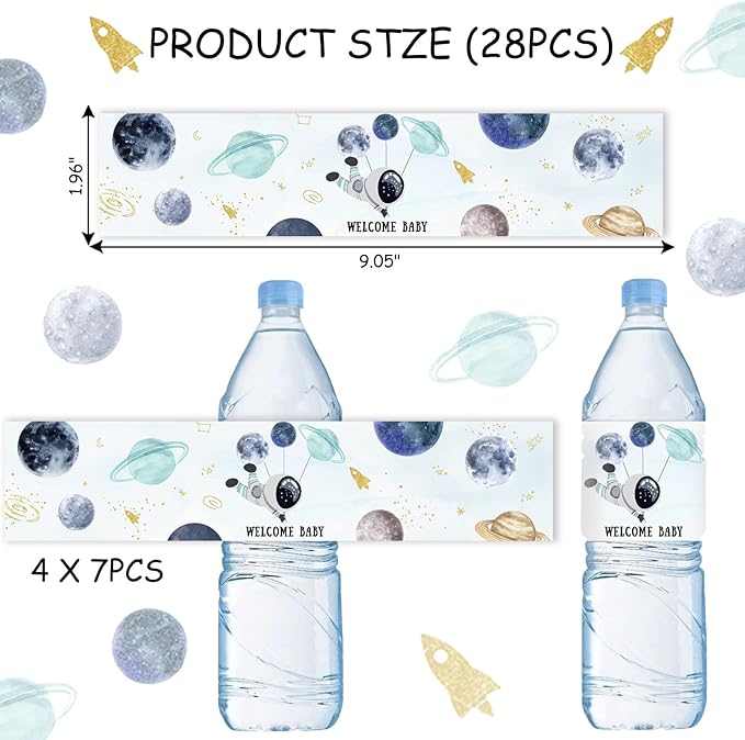 28Pcs Outer Space Baby Shower Water Bottle Labels, Solar System Welcome Baby Water Bottle Wrappers for Gender Reveal Decor - Personalized Astronaut Label Supplies