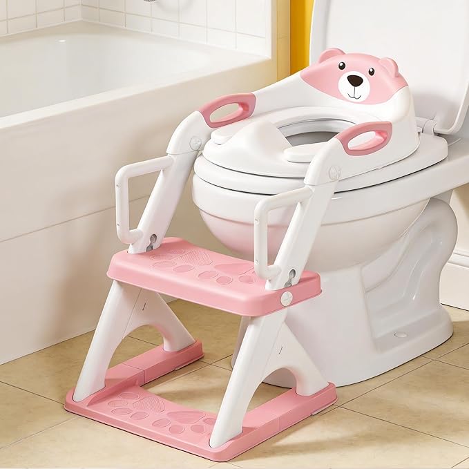 Potty Training Seat with Step Stool Ladder, Toddler Toilet Seat for Boys Girls, Adjustable 6 Heights Fits Round & Elongated Toilets, Anti-Slip Pads & Leak-Proof Guard, Pink