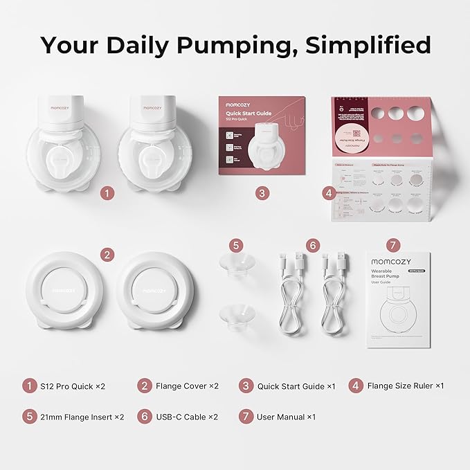 Momcozy Breast Pump S12 Pro Quick, Hands-Free Wearable & Wireless Pump, with DoubleFit Hybrid Flange, 3 Modes & 9 Levels Electric Pump Portable, Smart Display, 24mm Flange, 1 Count, Cozy White