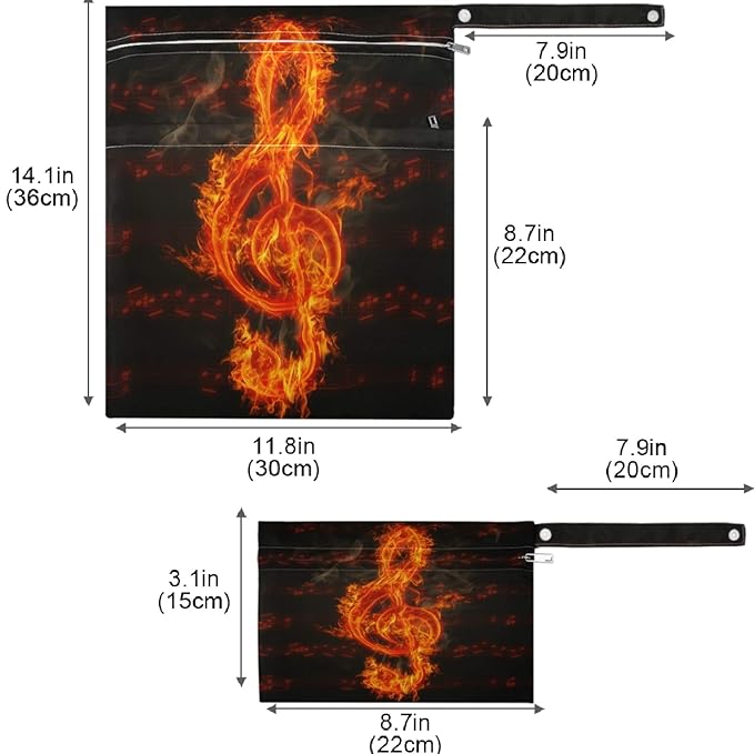 visesunny Flaming Music Note 2Pcs Wet Bag with Zippered Pockets Washable Reusable Roomy for Travel,Beach,Pool,Daycare,Stroller,Diapers,Dirty Gym Clothes, Wet Swimsuits, Toiletries