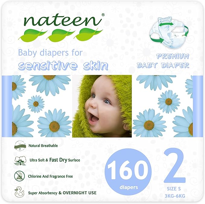 Nateen Premium Baby Diapers, Overnight Use Disposable Diapers for Sensitive Skin, Ultra Thin Diapers with Comfortable Fit. Size 2 (Small), 160, Count.