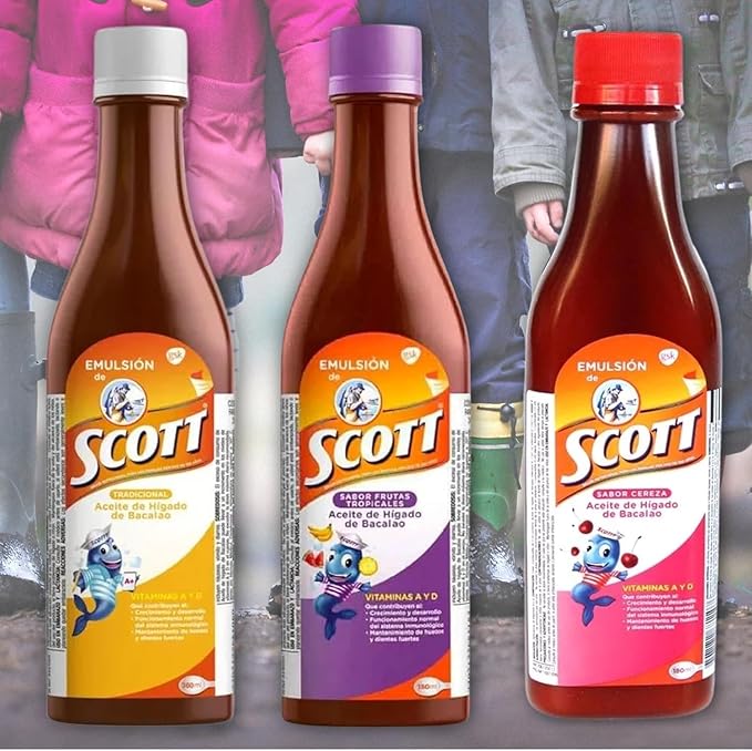 Emulsion de Scott Aceite de hígado de bacalao sabor Frutas Tropicales Pack de 2 de 6.1 fl oz - 180 ml - Suplemento dietético para niños con vitamina A y Calcio -