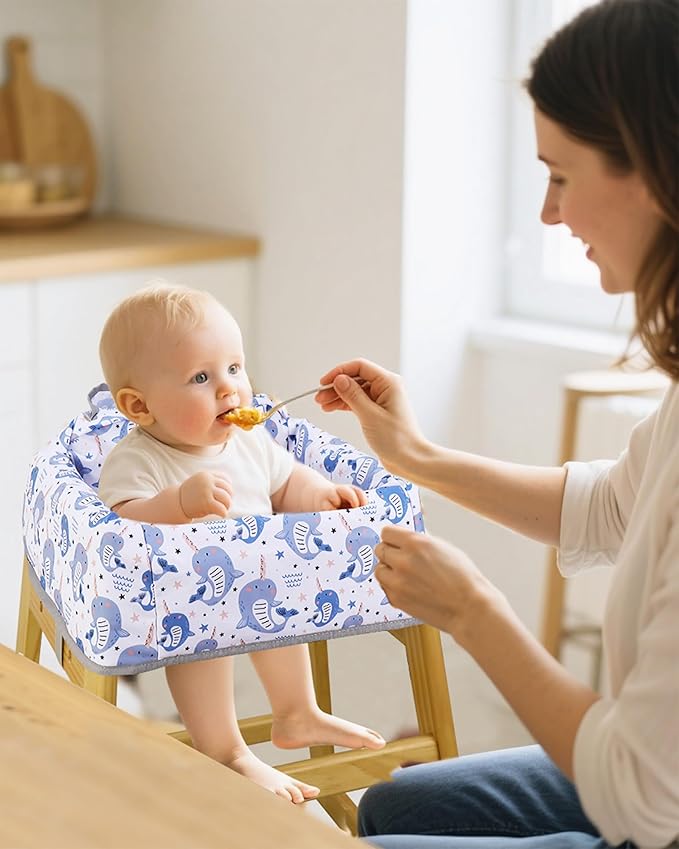 High Chair Cover Portable with 3-Point Harness, Waterproof Baby Seat Cover for Restaurant Travel Home Use, Machine Washable, Fits Wooden Chairs (Blue Whale)