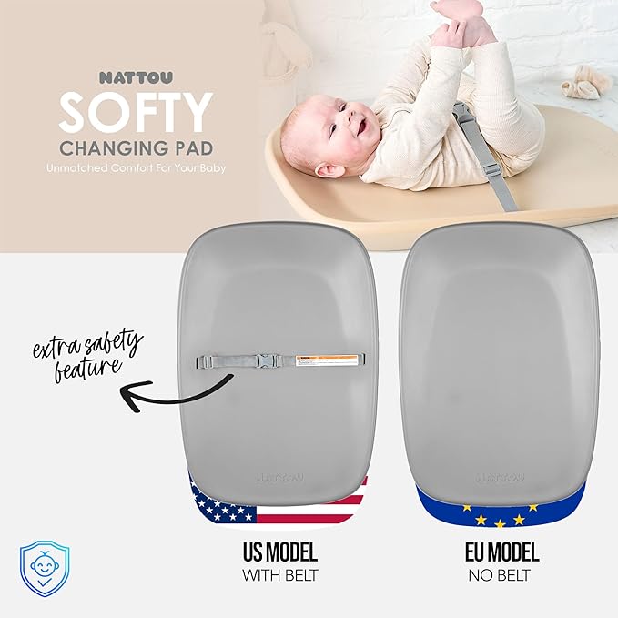 Nattou Softy Changing Pad - Wipeable Baby Changing Mat- Durable, Water-Resistant, Cocoon Shape with Honeycomb Bottom Grips BPA-Free, Assimilates Room Temperature - Beige