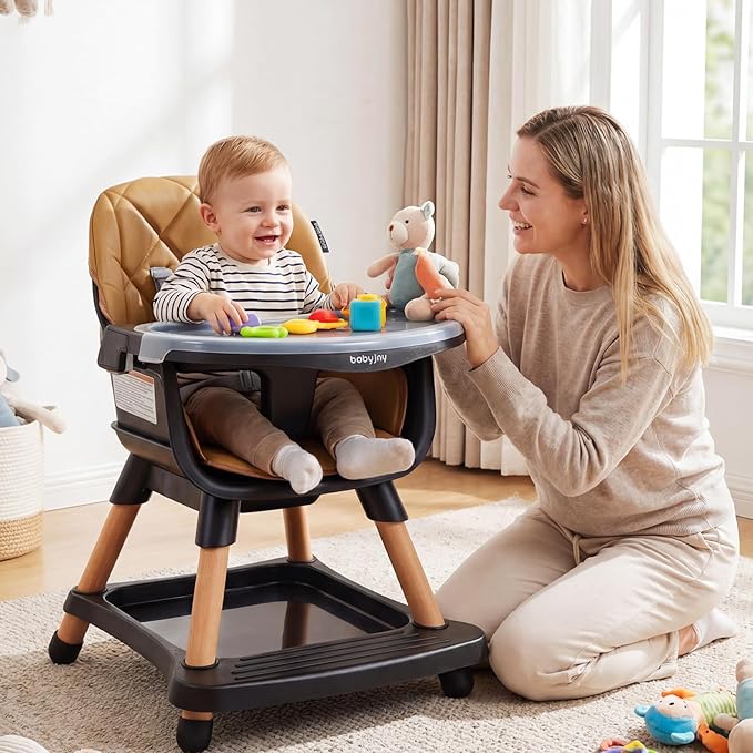 BABY JOY 8-in-1 High Chair, Convertible Wooden Highchairs for Babies and Toddlers | Dining Booster Seat | Toddler Stool, Double Removable Tray, 5-Point Safety Harness & Waterproof PU Cushion (Coffee)