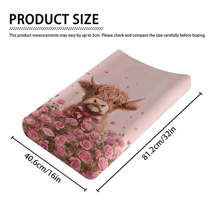 Valentines Day Changing Pad Cover Highland Cow Rose Flower Diaper Changing Mat Cover Sheets for Newborn Boys Soft Breathable Nursery Changing Table Sheets 32x16 Inch