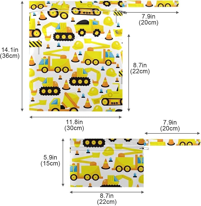 susiyo 2 Pcs Wet Dry Bag Construction Trucks Waterproof Reusable Baby Cloth Diaper Wet Bags with 2 Zipper Pockets for Breast Pump Parts Travel Beach Pool Gym Yoga Swimsuits Wet Clothes