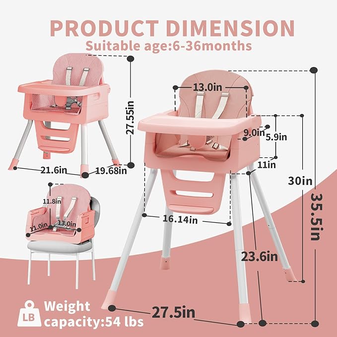 Portable High Chairs for Babies and Toddlers, Convertible Baby Feeding Chair with Tray, Easy Clean High Chair for Toddler with Foot Rest, Infant Highchairs & Booster Seats with Cushion Pink