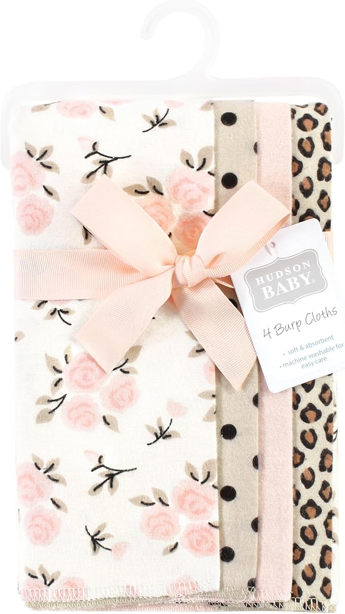 Hudson Baby Cotton Poly Flannel Burp Cloths Multipack, Neutral Pink Floral 8-Pack, One Size