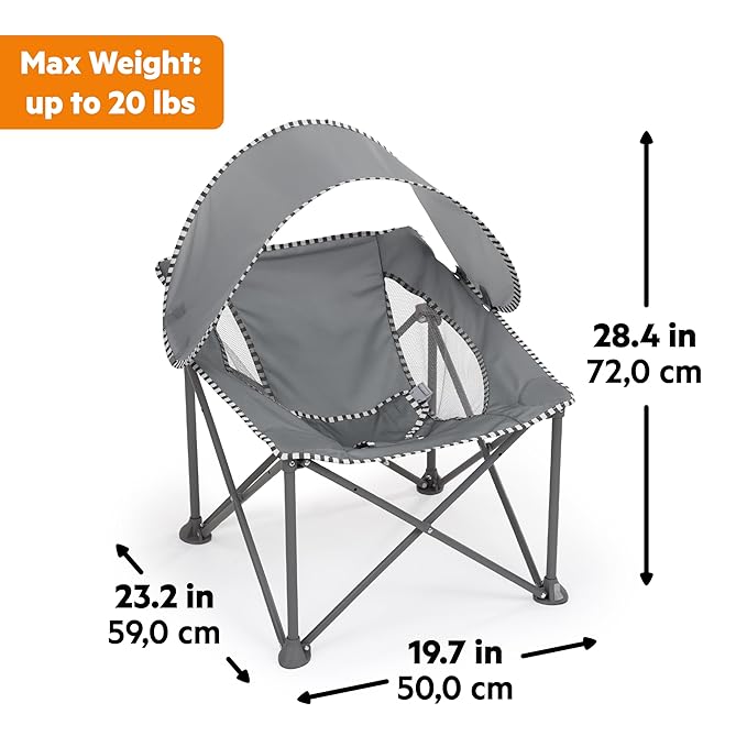 Bright Starts Pop 'N Chill Baby Chair Travel Seat, Indoor/Outdoor Use, Infant Seat with UPF 50+ Canopy, Grey, Ages 0-6 Months