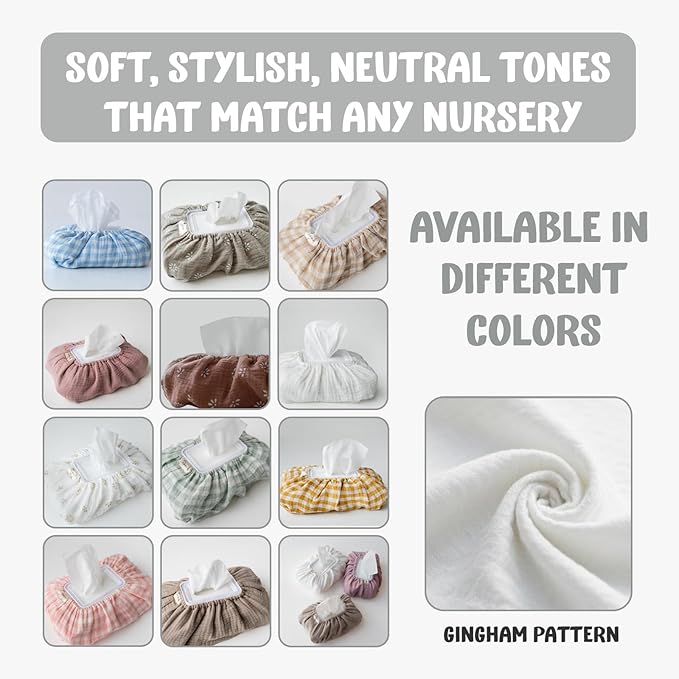 Baby Wipes Cover – Universal Size, One Size Fits All Wipes Packages | Muslin Cotton Tissue Cover for Nursery, Diaper Bag & Changing Table, Station | Gingham & Neutral Patterns (Cream)