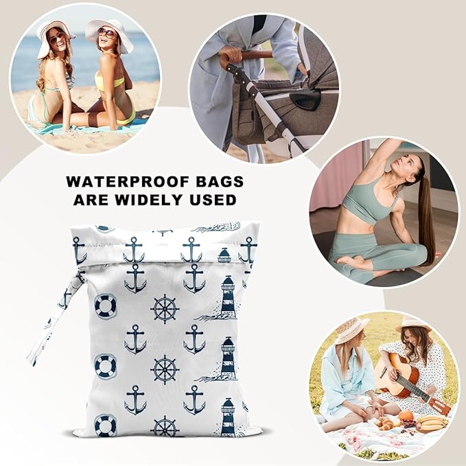 Nautical Style Wet Bag 12x10 Inch, Waterproof Reusable Wet Dry Bag for Swimsuit, Travel, Beach, Pool, Diapers, Dirty Yoga Gym Clothes, Makeup Bags, Nautical Style Gifts for Women Friend