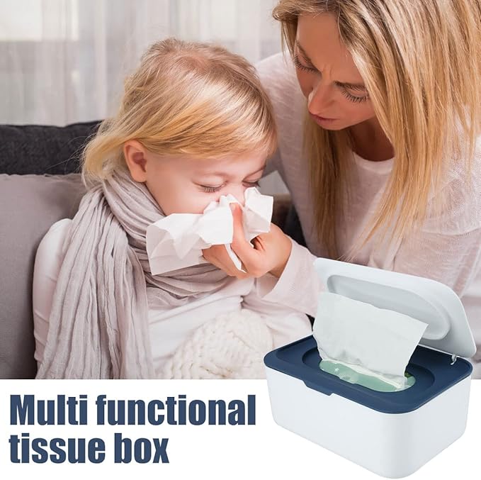 Wipes Dispenser, Dustproof Wet Tissue Box Baby Wipe Holder Large Capacity Wipes/Tissue Case with Moistur e Seal Secure Lid Keeps Wipes Fresh for Home, Office(Navy Blue)