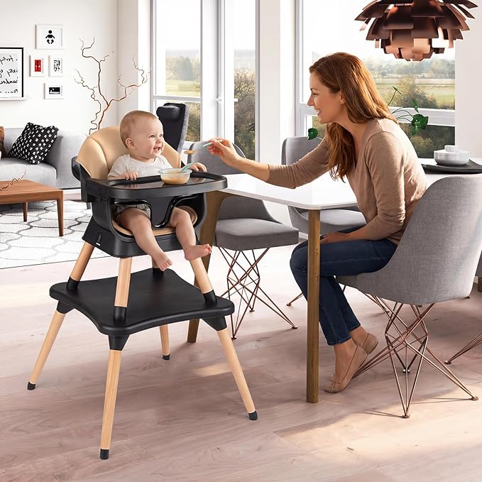 BABY JOY High Chair, 9-in-1 Convertible Highchairs for Babies and Toddlers, Booster Seat | Table & Chair Set | Stool, Adjustable Legs, Removable Tray, Safety Harness & PU Cushion (Brown)