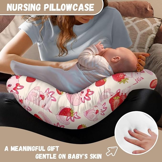 Jeiento Pink Nursing Pillow Covers Cartoon Axolotl Strawberry Nursing Cover for U-Shaped Breastfeeding Pillow Slipcovers for Newborn Baby Mom,Cute Axolotl U-Shaped Pillows Case