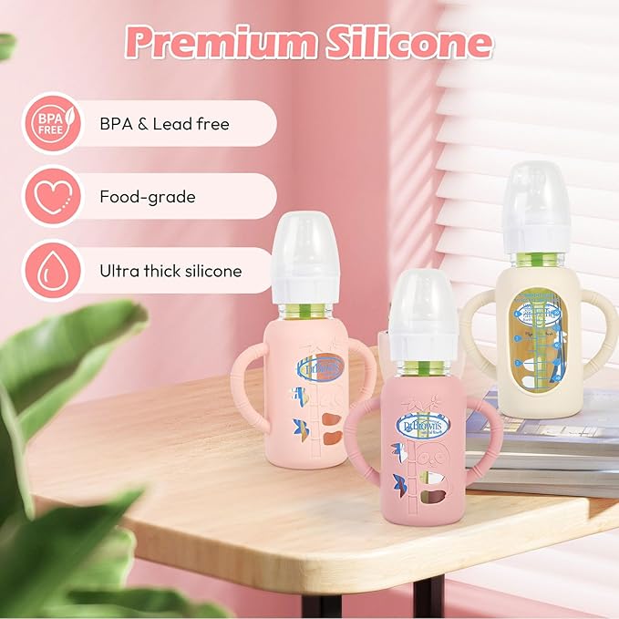 MINMUNJIU 3 Pack Silicone Sleeves for Dr. Brown's Glass Baby Bottles, Anti Breakage Baby Bottle Holder with Handles for Baby Girls, Compatible with Dr. Brown's Glass Baby Bottle, 4 oz/120 mL