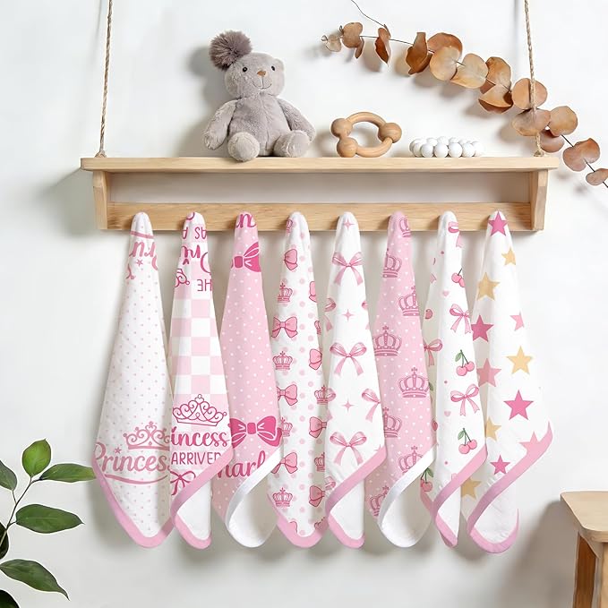 8 Pack Burp Cloths Organic Cotton, Pink Bows Baby Burp Cloths Girls, Absorbent Baby Burping Cloth, Soft Burping Cloth Set for Feeding, New Mom Gifts for Newborns Essentials Gift Set, 19”x9”