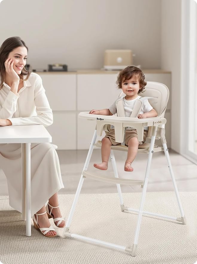 Foldable High Chair for Infants & Toddlers, Adjustable 3-Position Dishwasher-Safe Tray, 5-Point Safety Harness, Space-Saving Design for Dining & Mealtime, Beige