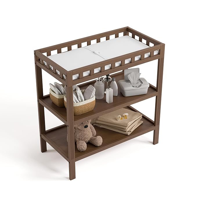 Storkcraft Morningside Changing Table (Hazelnut) – GREENGUARD Gold Certified Baby Changing Table, Includes Waterproof Diaper Changing Pad, Easy 30-Minute Assembly, 2 Open Shelves for Storage
