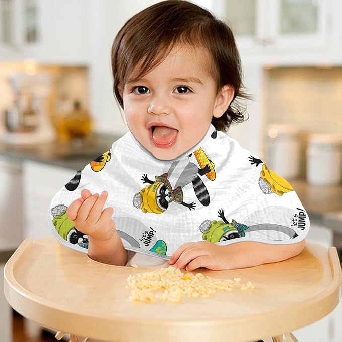 Raccoon and Skateboard Pattern Muslin Burp Cloths for Baby 4 Pack 100% Cotton Baby Washcloths Bibs for Boy Girl