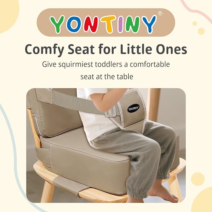 Toddler Booster Seat for Kitchen Chair with Removable Backrest & Adjustable Straps, PU Portable Waterproof & Non-Slip Booster Seat for Dining Table, Travel Child Eating Cushion - Dark Coffee