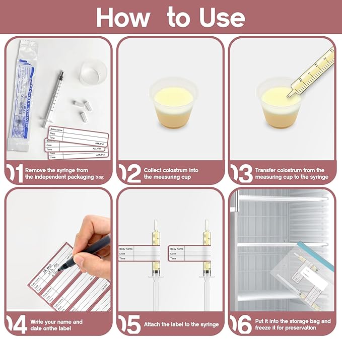 60 Sets 5Ml Colostrum Collector Kit Include 60 5ml No Needle Sterile Syringes with Cap, 4 Measuring Cup, 6 Zip-lock Storage Bags, 60 Labels for Breast Milk Collector