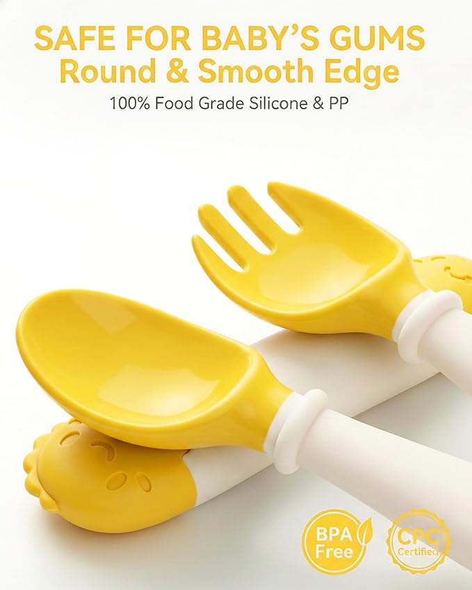 Deejoy Toddler Utensils, Self-feeding Flatware Set withTravel Case, Baby Spoons and Forks with Silicone Bendable Handle, Easy Grip Heat-Resistant, Ideal for Kids, Stage 2, Yellow