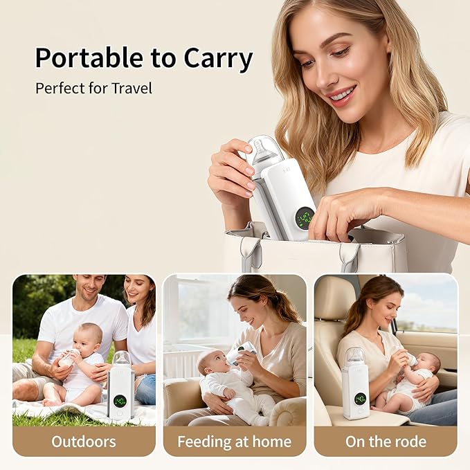 Portable Travel Baby Cordless Bottle Warmer,Baby Breastmilk and Formula Bottle Warmer,6000 mAh Rechargeable Battery,Digital Display Temperature Water Warmer On the Go,Feeding-Friendly Baby Essentials