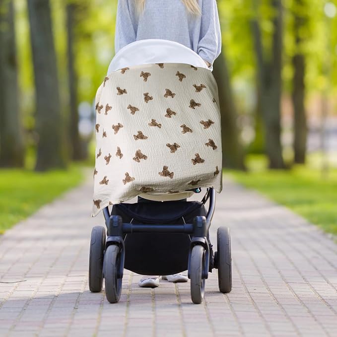 Muslin Nursing Cover for Baby Breastfeeding, Breathable 100% Cotton Privacy Nursing Covers, Multi Use Car Seat Stroller Cover (Bear)