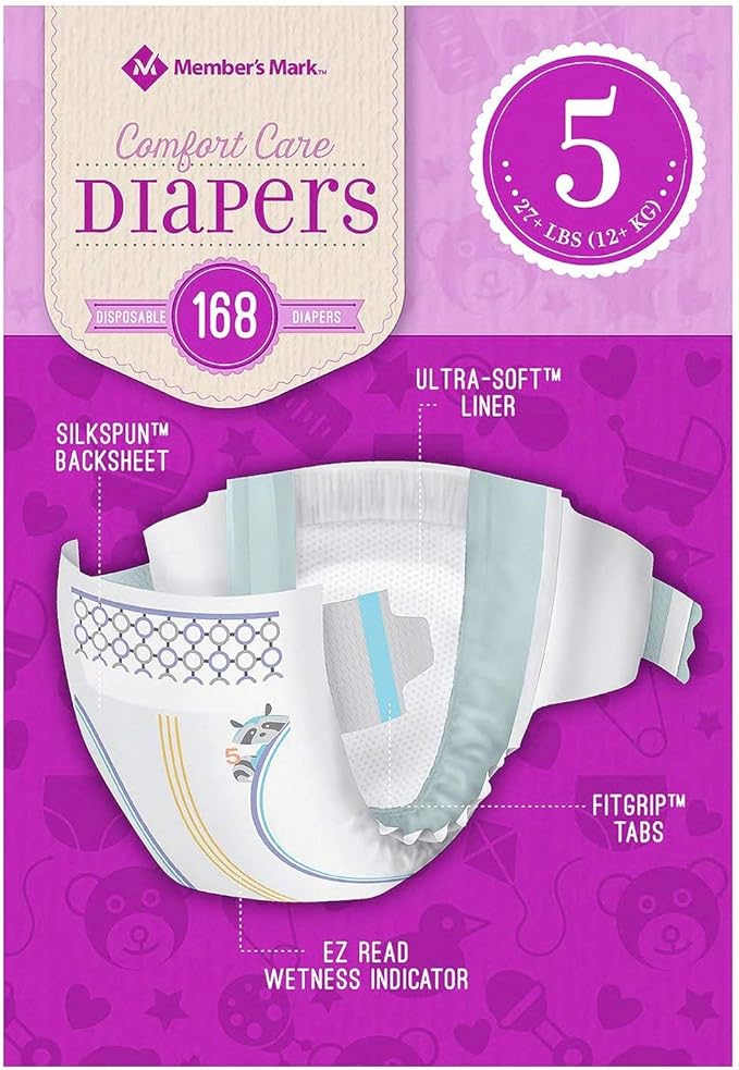 Member's Mark Comfort Care Baby Diapers Size 5-168 Count (27+lbs.)