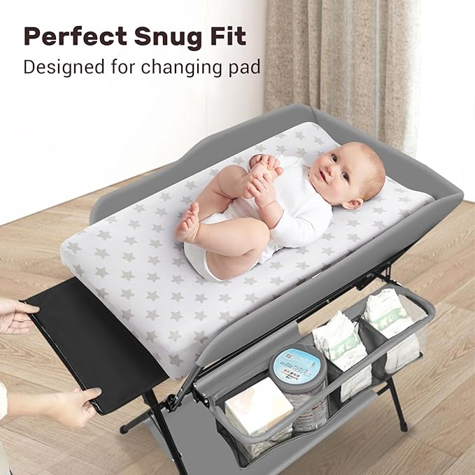 Pack of 2 Changing Pad Cover, 100% Cotton Breathable Changing Table Cover, Ultra Soft Diaper Changing Pad Covers Sheets for Newborns Infant Babies Girls Boys (Grey and Stars)