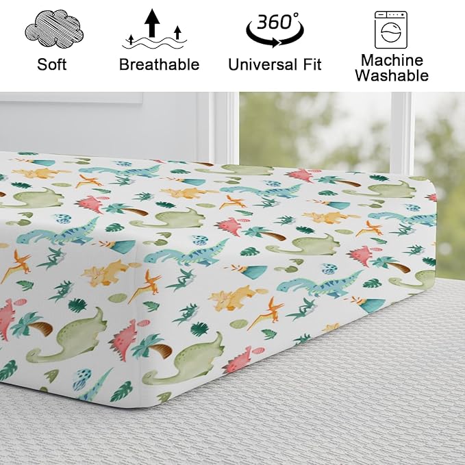 Colorful Dinosaurs Changing Pad Cover Cute Cartoon Dinosaurs Jungle Plam Leaves Diaper Change Table Pad Cover for Boys Girls Soft Breathable Stretch Fitted Changing Mat Sheets 32''x16''
