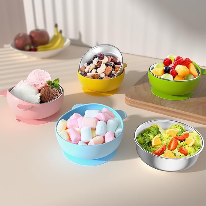 Bakpoco Stainless Steel Baby Bowls with Suction, 2-in-1 SUS304 Toddlers Bowl & Removable Silicone Suction Kids Bowl, Anti Scald Non Toxic Snack Container for Baby Food Feeding, 4 Colors Set
