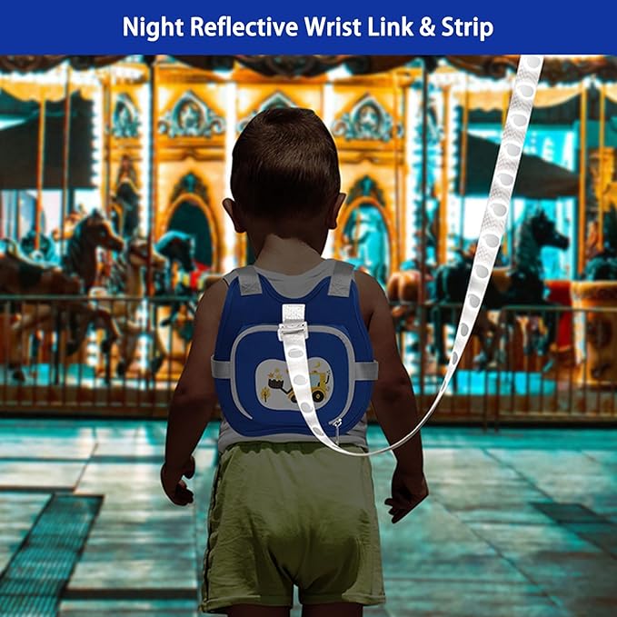 Accmor Toddler Harness Leash, Baby Leash + Anti Lost Wrist Link, Walking Harness Leashes for Kids Cute Excavator Tether Wristband Assistant Strap Belt for Outdoor Travel (Blue)