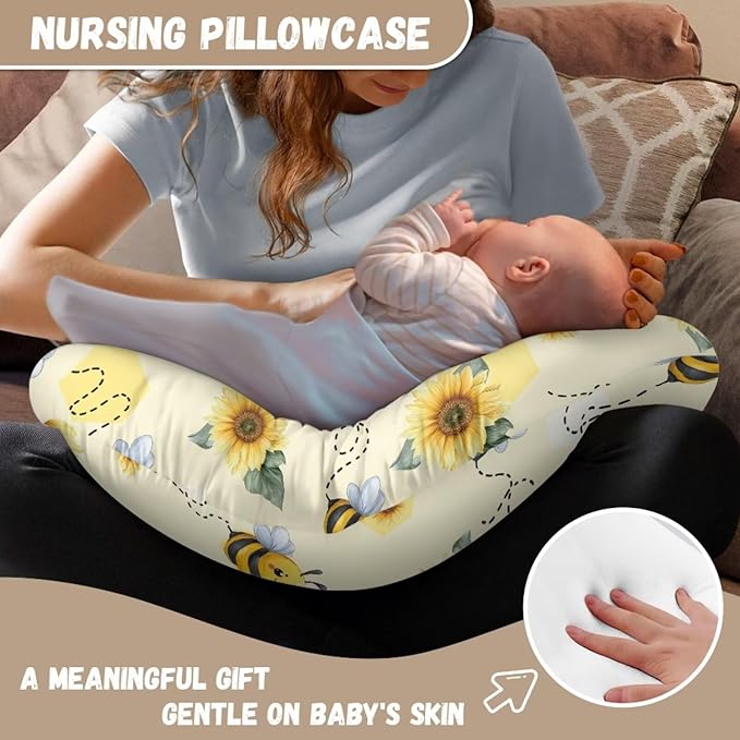 Nursing Pillow Cover, Bee Sunflower Breastfeeding Pillow Slipcover for Baby Boys & Girls, Soft Nursing Pillow Case for Newborn, Washable & Breathable, Yellow
