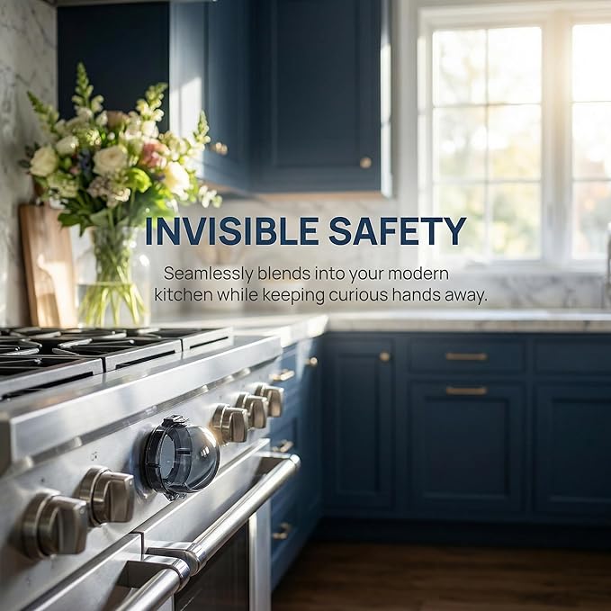 Stove Knob Safety Covers for Child (5 + 1 Pack), Upgraded Universal Size Press Gas Childproof Stove Covers with Adhesive, Heat-Resistant Oven Knob Locks for Kids and Pets (Clear)