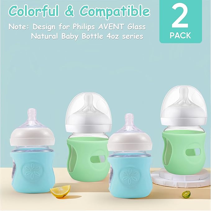 2 Pack Silicone Sleeves for Philips Avent Glass Natural Baby Bottle 4oz, Food Grade Silicone, BPA Free Glass Baby Bootle Sleeve, Anti Breakage Baby Bottle Holder, Anti-Scald, Dishwasher/Heaters Safe