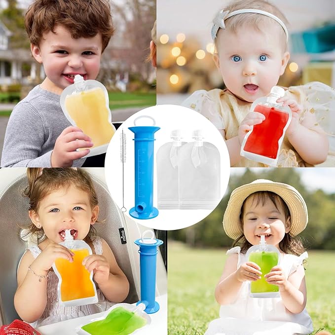 Newmemo 6PCS Reusable Baby Food Pouches Filler Kit Baby Food Pouch Maker for Applesauce Yogurt Smoothie Refillable Fruit Puree Pouch Filling Station Portable Juice Puree Squeezer Storage Bags for Todd