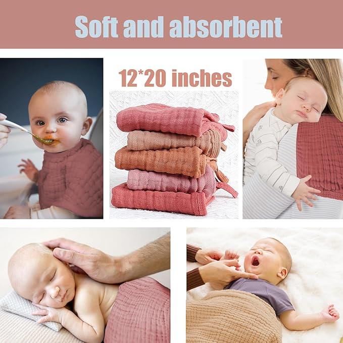 Muslin Burp Cloths 5 Pack Large 20x12 inches Baby Burping Cloths, 6-Layer 100% Cotton for Newborn Boys Girls, Ultra Soft & Absorbent (Pink & Coffee)