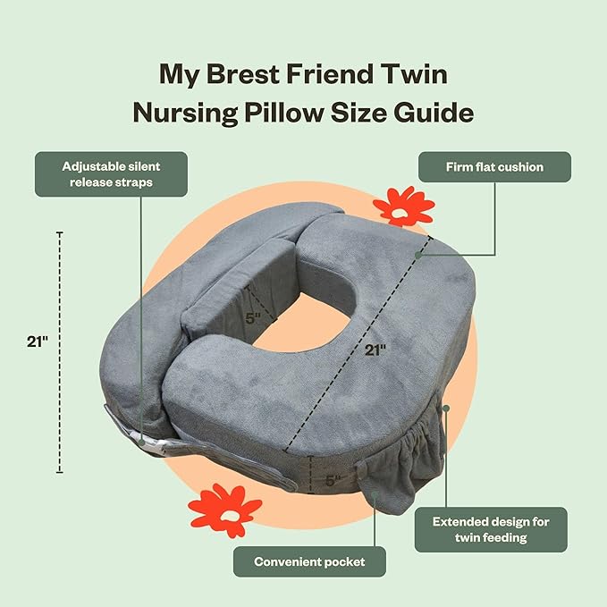 My Brest Friend Twin Nursing Pillow - Enhanced Comfort with Slipcover - Ultimate Ergonomic Support for Breastfeeding- Adjustable Strap and Silent Release Buckle with Handy Side Pocket, Evening Grey