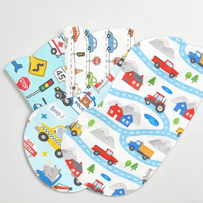 4 Pack Blue Burp Cloths Baby for Boys Girls,Soft Cotton,Traffic Car Theme Design,Super Absorbent Burping Clothes Burp Rags for Newborn,Machine Washable and Reusable Baby Spit-Up Cloths,20x10inches