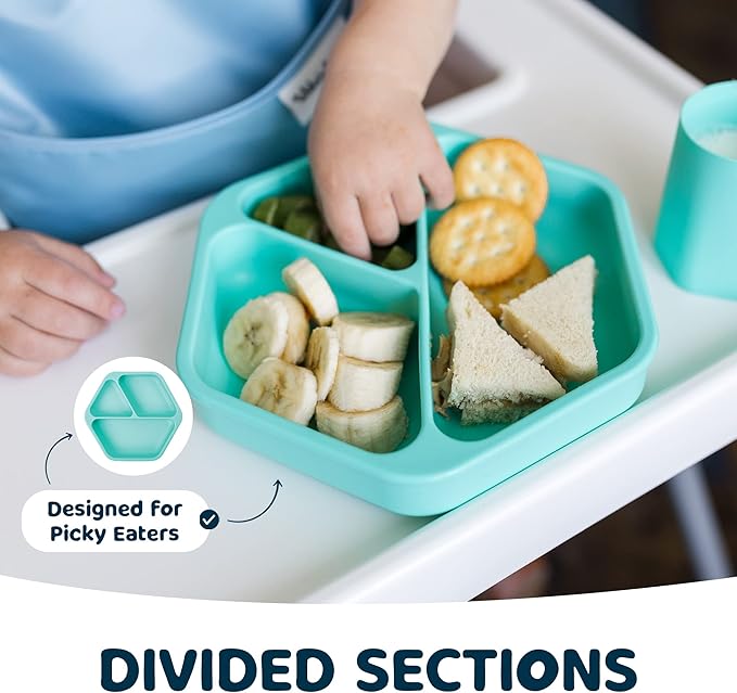Tiny Twinkle Silicone Suction Baby Plate, Suction Grip Divided Dish for First Foods and Self-Feeding Toddlers, Baby Led Weaning Supplies for Independent Eating (Mint Plate with Lid)